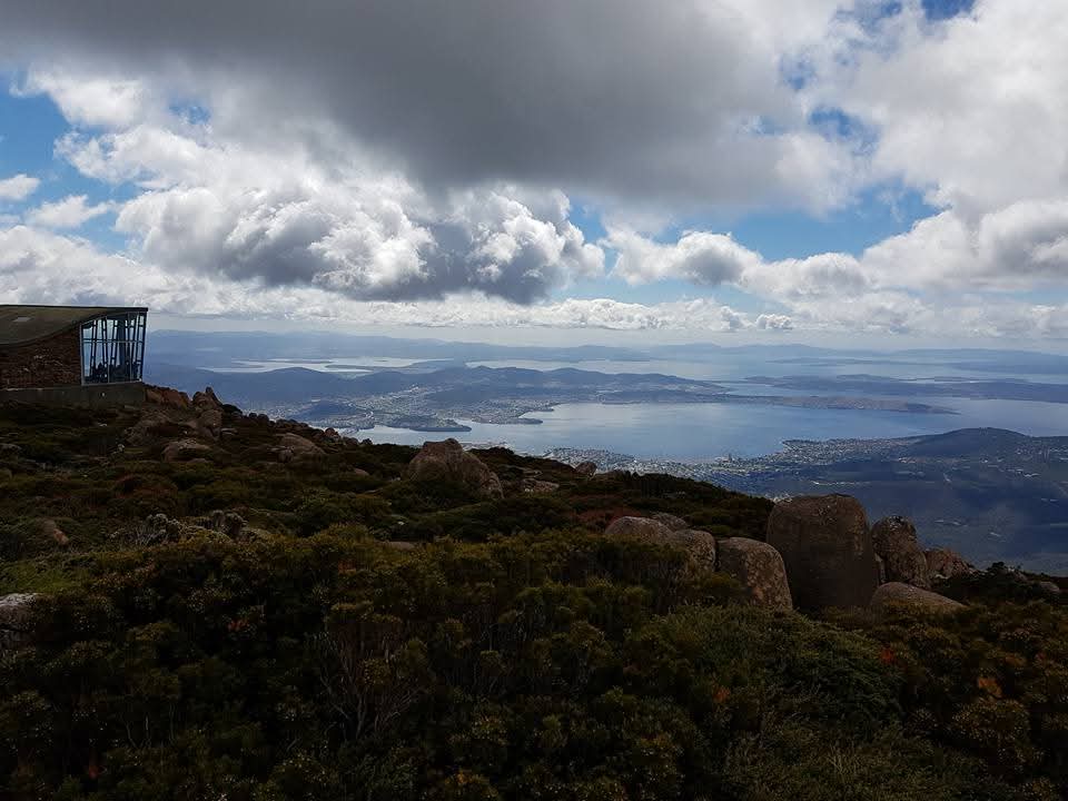 The view over Hobart, the river Derwent and the sea from the summit of Mount Wellington