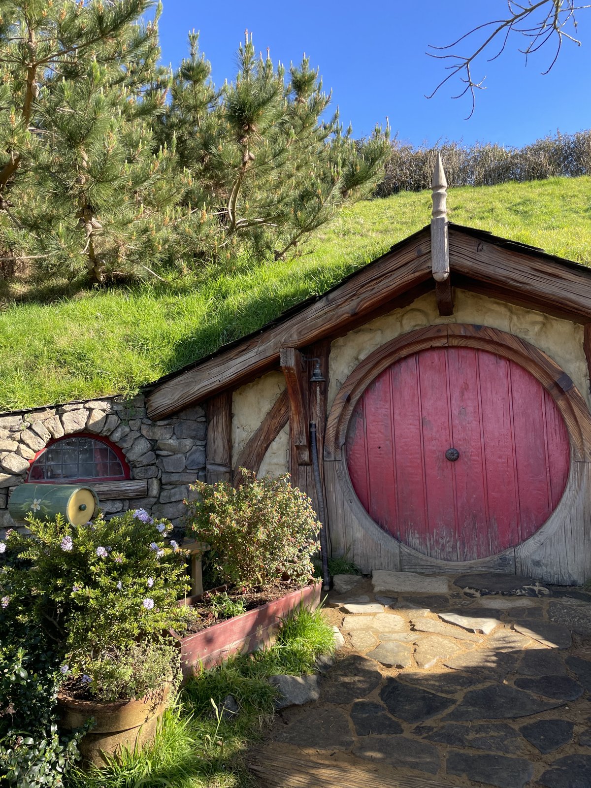 A round hobbit-hole door set into a green hillside at the Hobbiton movie set near Matamata, New Zealand